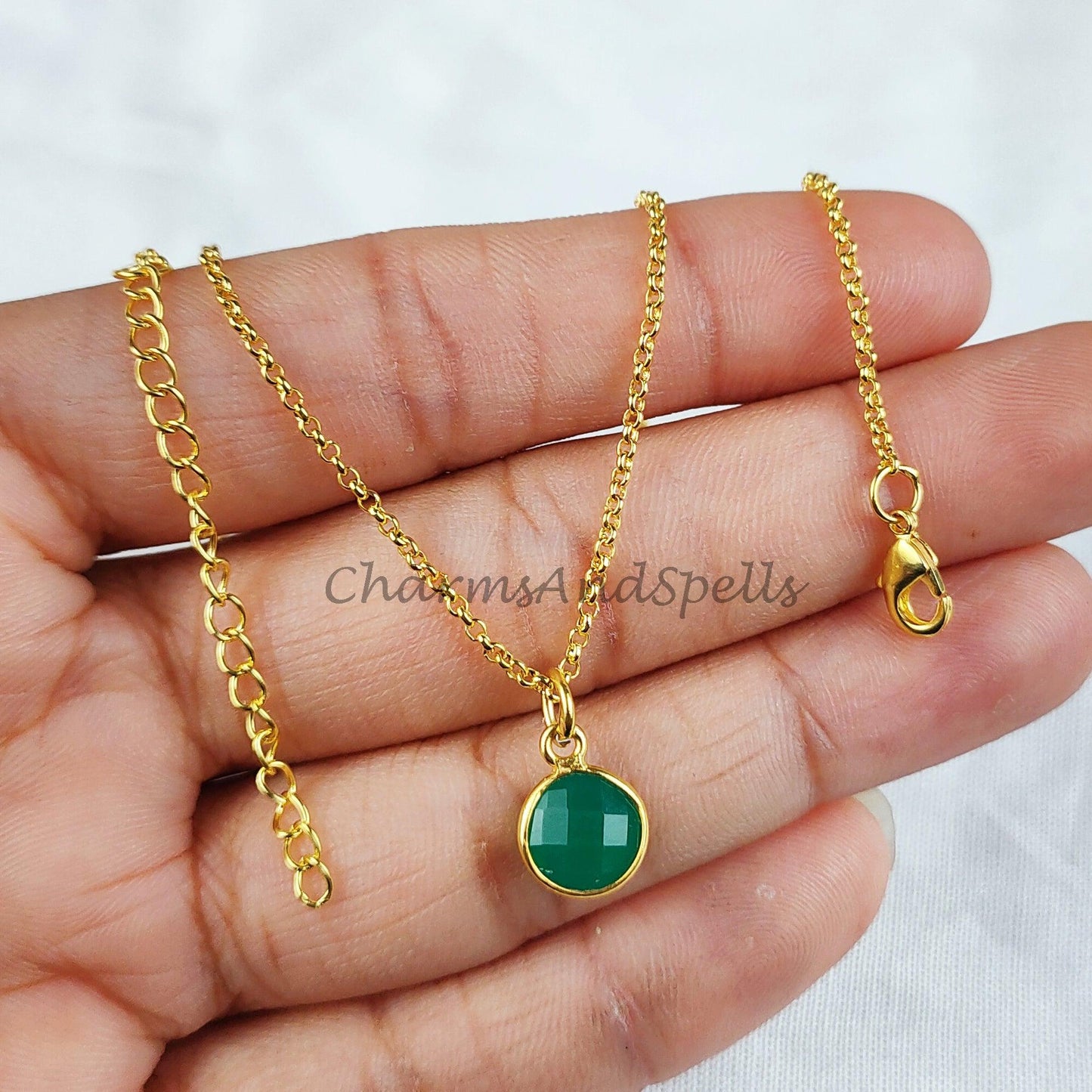 Green onyx gemstone necklace, green onyx jewelry, 14k dainty gold plated chain, elegant necklaces - Charms And Spells