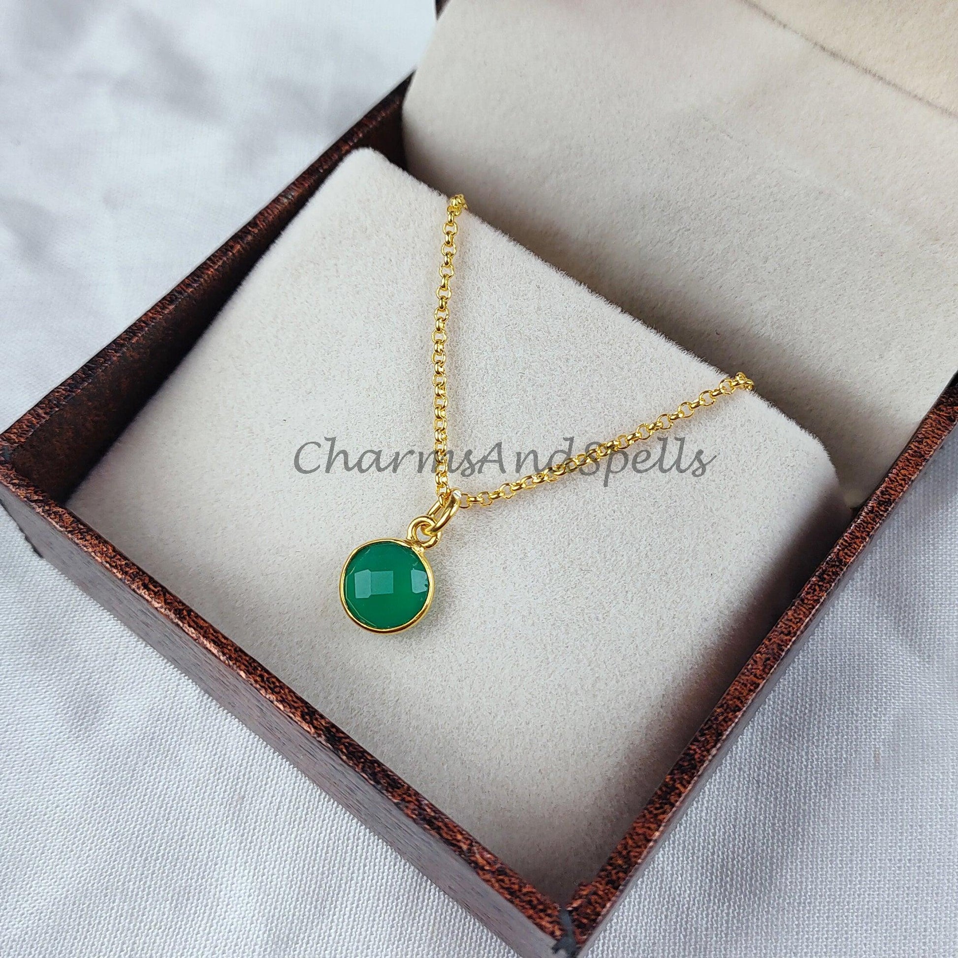 Green onyx gemstone necklace, green onyx jewelry, 14k dainty gold plated chain, elegant necklaces - Charms And Spells