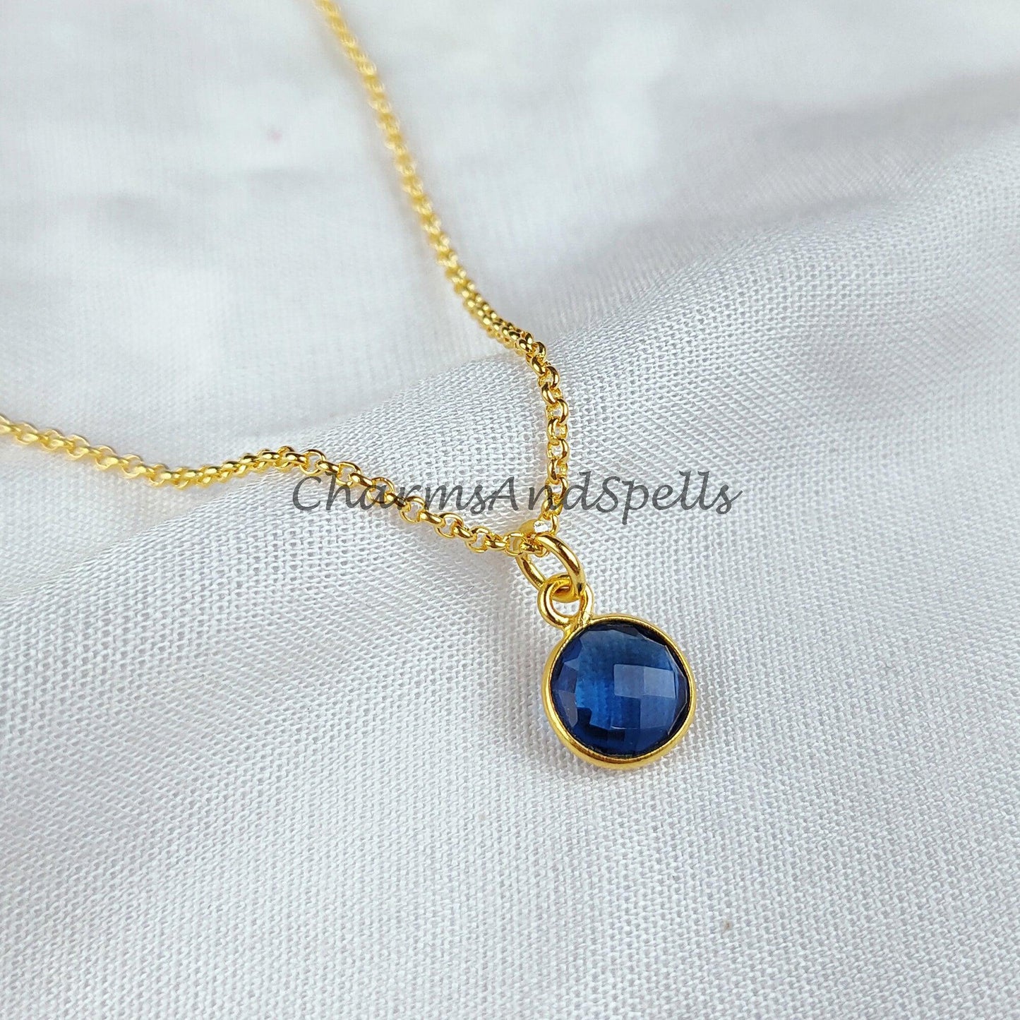 Minimalist Blue Sapphire Necklace, Dainty Gold Plated Necklace, Sapphire Pendant, September Birthstone Jewelry - Charms And Spells