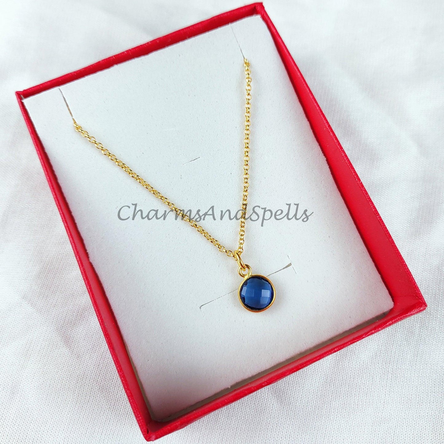 Minimalist Blue Sapphire Necklace, Dainty Gold Plated Necklace, Sapphire Pendant, September Birthstone Jewelry - Charms And Spells