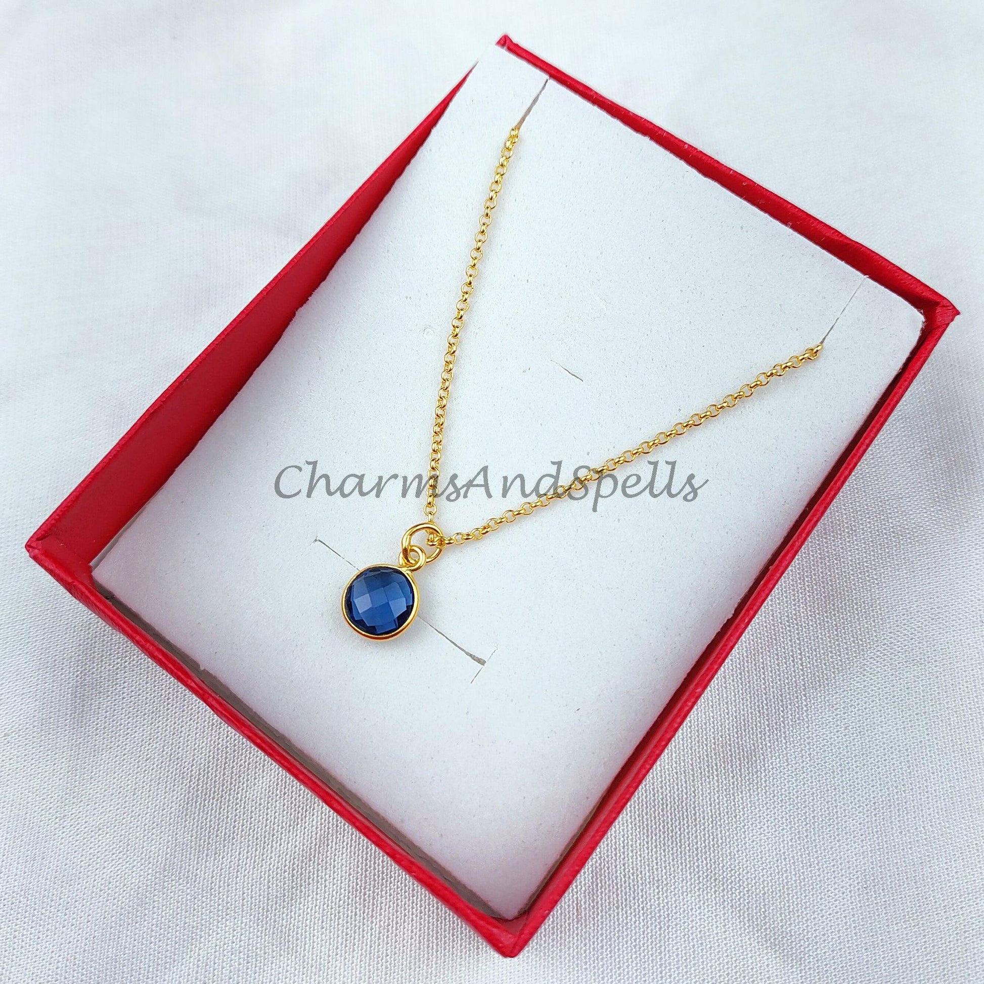 Minimalist Blue Sapphire Necklace, Dainty Gold Plated Necklace, Sapphire Pendant, September Birthstone Jewelry - Charms And Spells