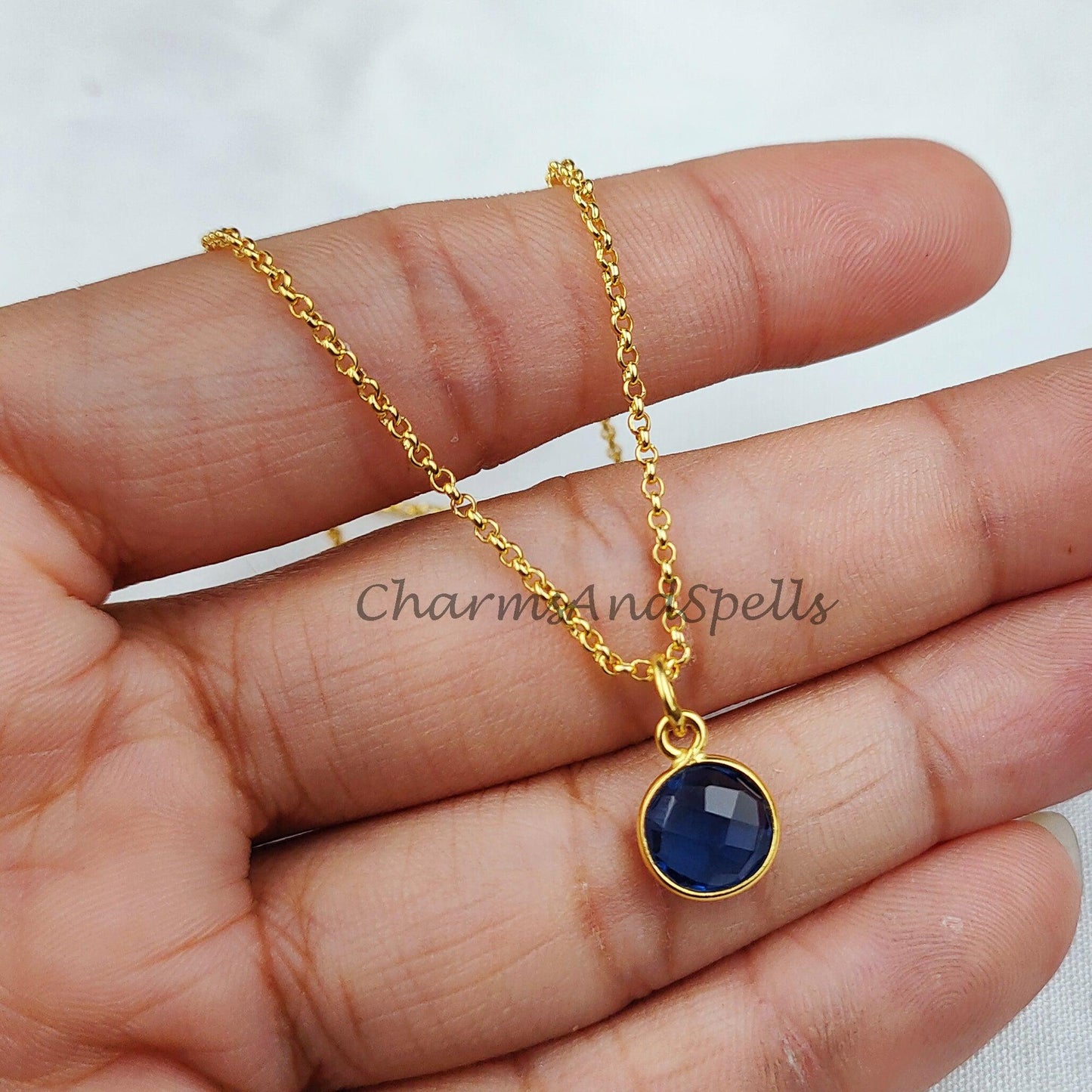 Minimalist Blue Sapphire Necklace, Dainty Gold Plated Necklace, Sapphire Pendant, September Birthstone Jewelry - Charms And Spells