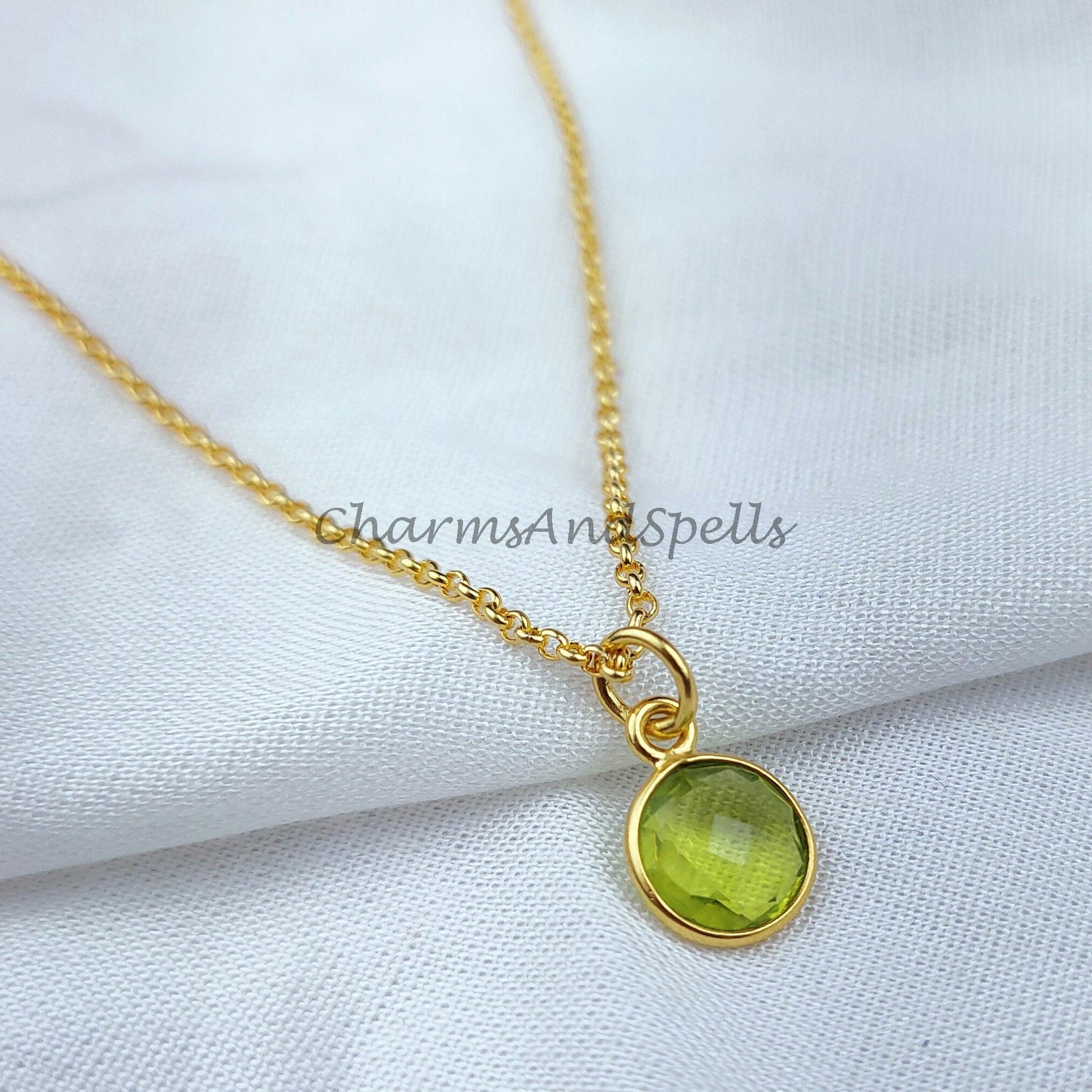 Peridot Necklace, 18K Gold Plated Jewelry, Wife Gift, Personalized Round Necklace, August Birthstone Necklace, Bridesmaid Jewelry - Charms And Spells