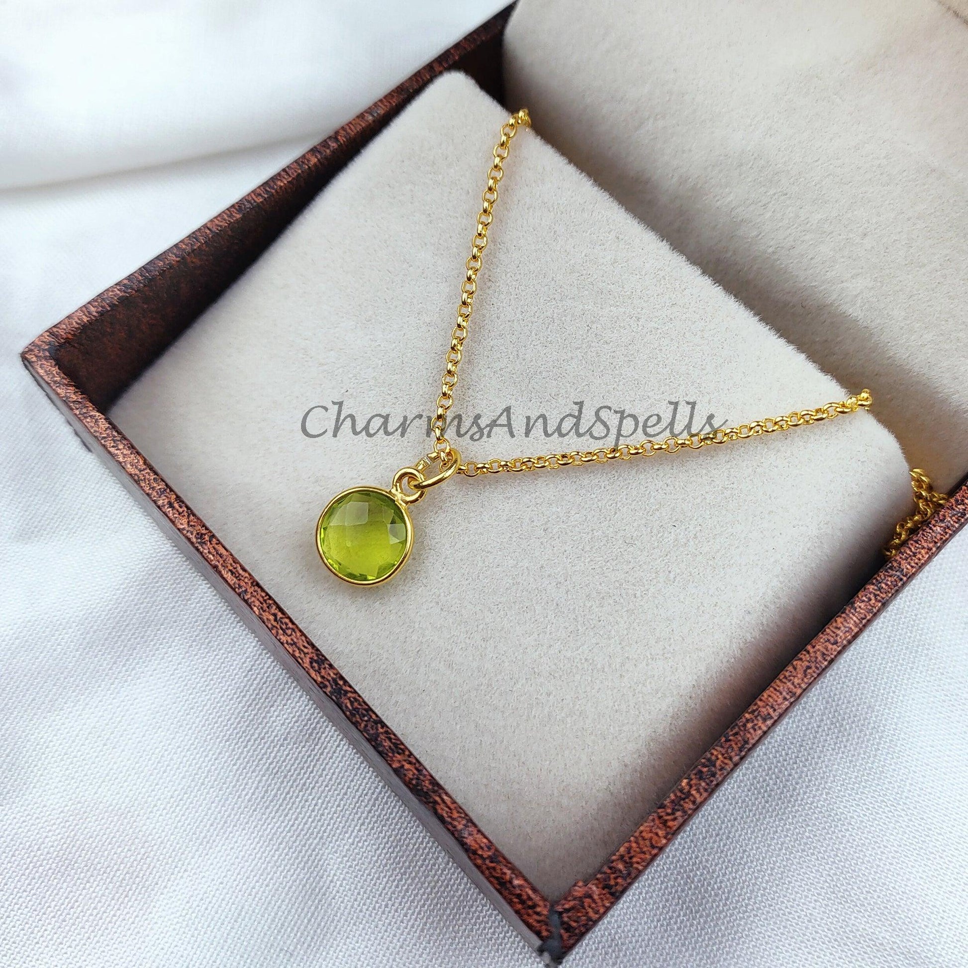 Peridot Necklace, 18K Gold Plated Jewelry, Wife Gift, Personalized Round Necklace, August Birthstone Necklace, Bridesmaid Jewelry - Charms And Spells