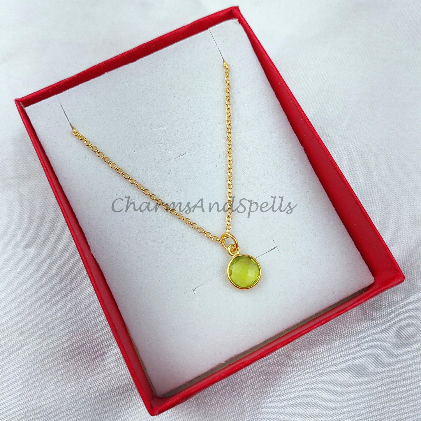 Peridot Necklace, 18K Gold Plated Jewelry, Wife Gift, Personalized Round Necklace, August Birthstone Necklace, Bridesmaid Jewelry - Charms And Spells