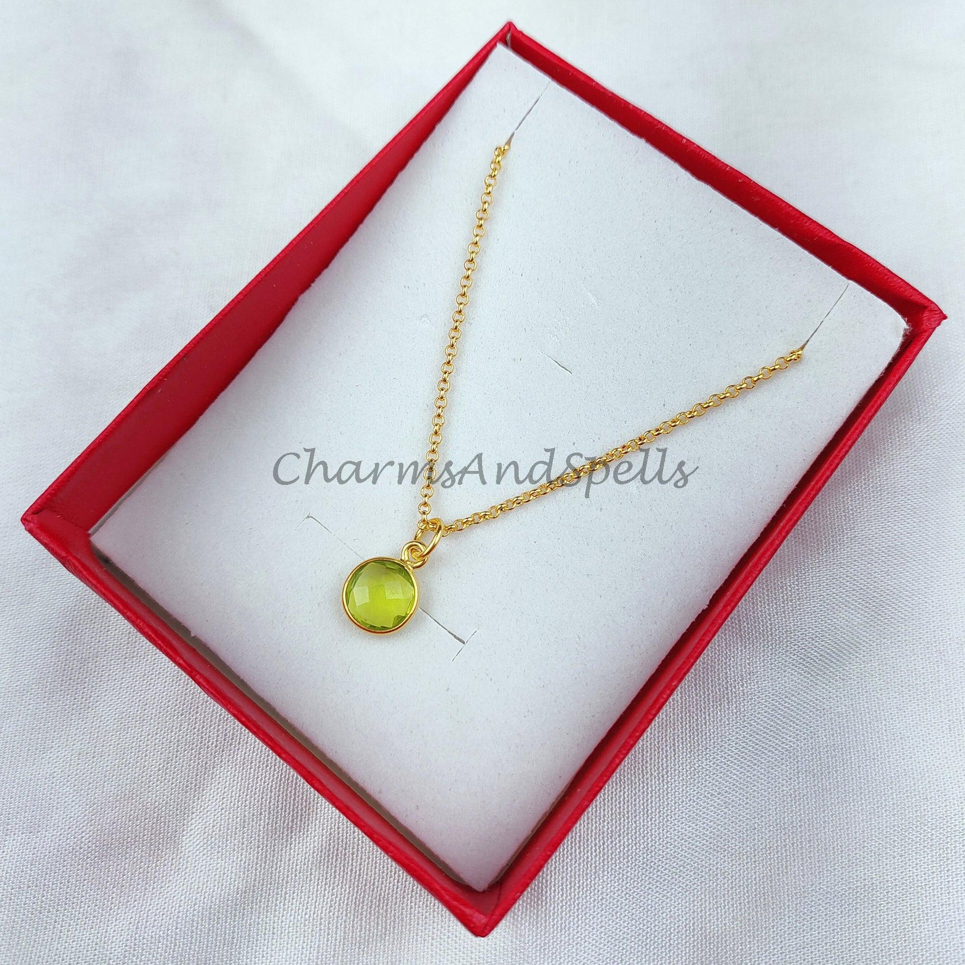 Peridot Necklace, 18K Gold Plated Jewelry, Wife Gift, Personalized Round Necklace, August Birthstone Necklace, Bridesmaid Jewelry - Charms And Spells