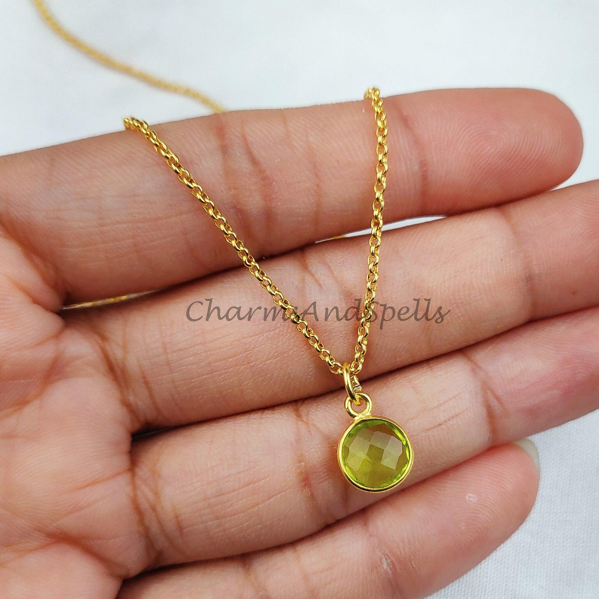 Peridot Necklace, 18K Gold Plated Jewelry, Wife Gift, Personalized Round Necklace, August Birthstone Necklace, Bridesmaid Jewelry - Charms And Spells