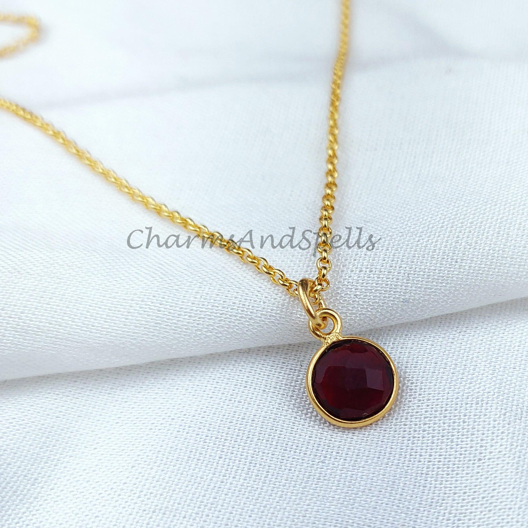 Garnet Solitaire Necklace, 14k Gold Plated Garnet Necklace, Round Garnet Necklace, January Garnet Necklace, Bezel set Garnet Necklace - Charms And Spells