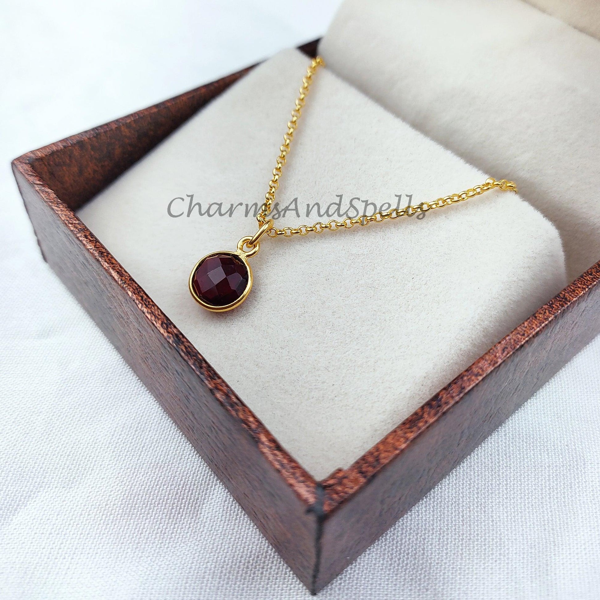 Garnet Solitaire Necklace, 14k Gold Plated Garnet Necklace, Round Garnet Necklace, January Garnet Necklace, Bezel set Garnet Necklace - Charms And Spells