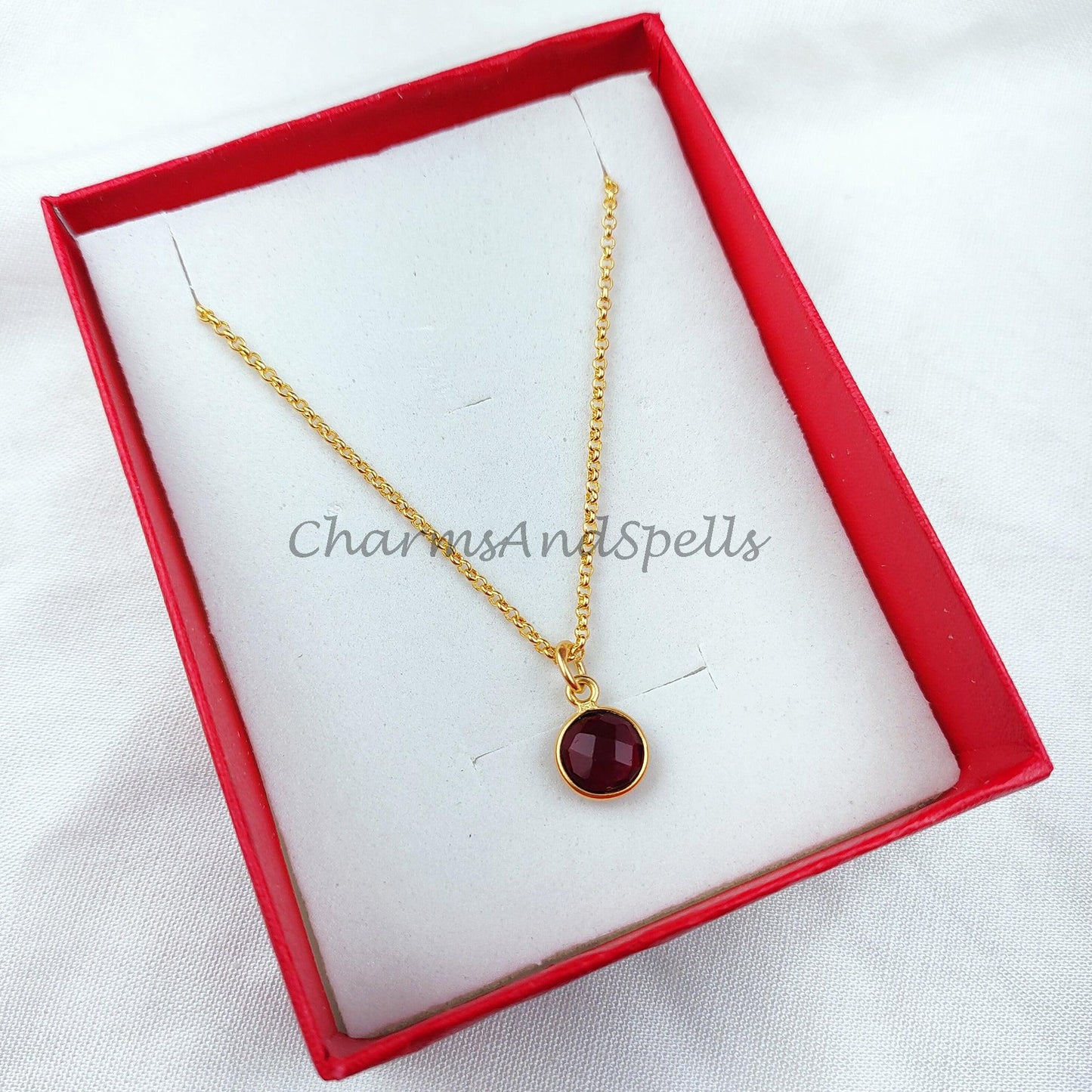 Garnet Solitaire Necklace, 14k Gold Plated Garnet Necklace, Round Garnet Necklace, January Garnet Necklace, Bezel set Garnet Necklace - Charms And Spells