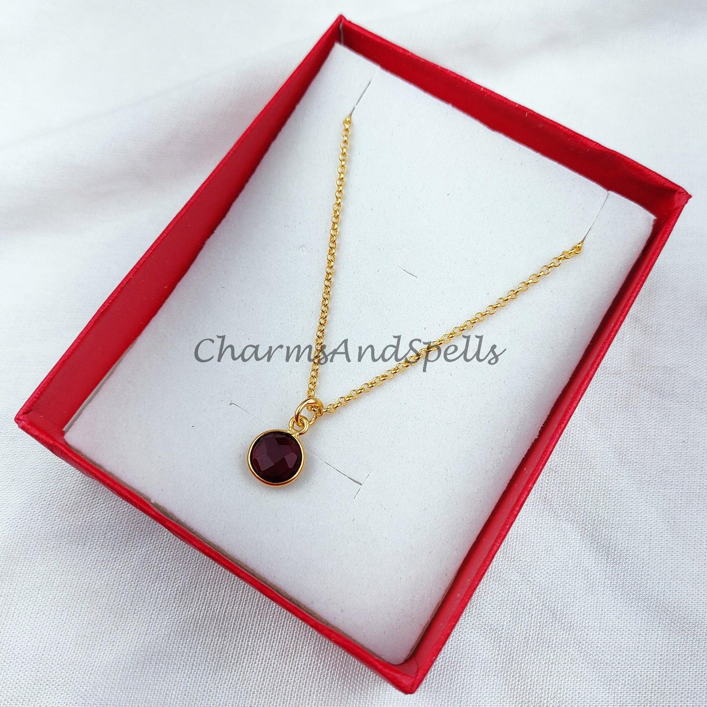 Garnet Solitaire Necklace, 14k Gold Plated Garnet Necklace, Round Garnet Necklace, January Garnet Necklace, Bezel set Garnet Necklace - Charms And Spells