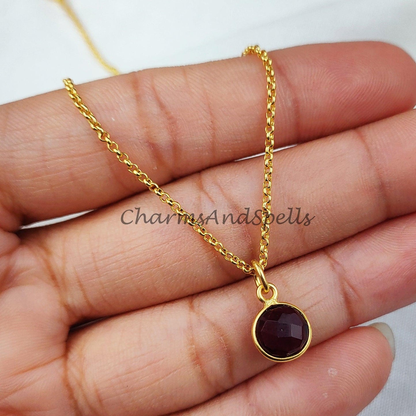 Garnet Solitaire Necklace, 14k Gold Plated Garnet Necklace, Round Garnet Necklace, January Garnet Necklace, Bezel set Garnet Necklace - Charms And Spells