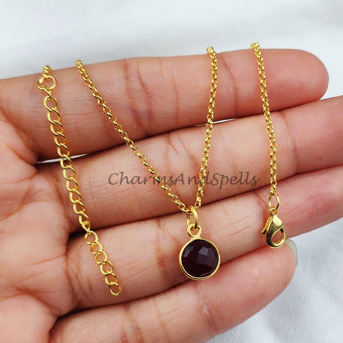 Garnet Solitaire Necklace, 14k Gold Plated Garnet Necklace, Round Garnet Necklace, January Garnet Necklace, Bezel set Garnet Necklace - Charms And Spells