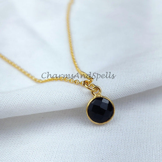 Black onyx circle necklace on 14k dainty gold plated chain, Jewelry gifts for Her, Black and gold jewelry, Minimalist necklace - Charms And Spells