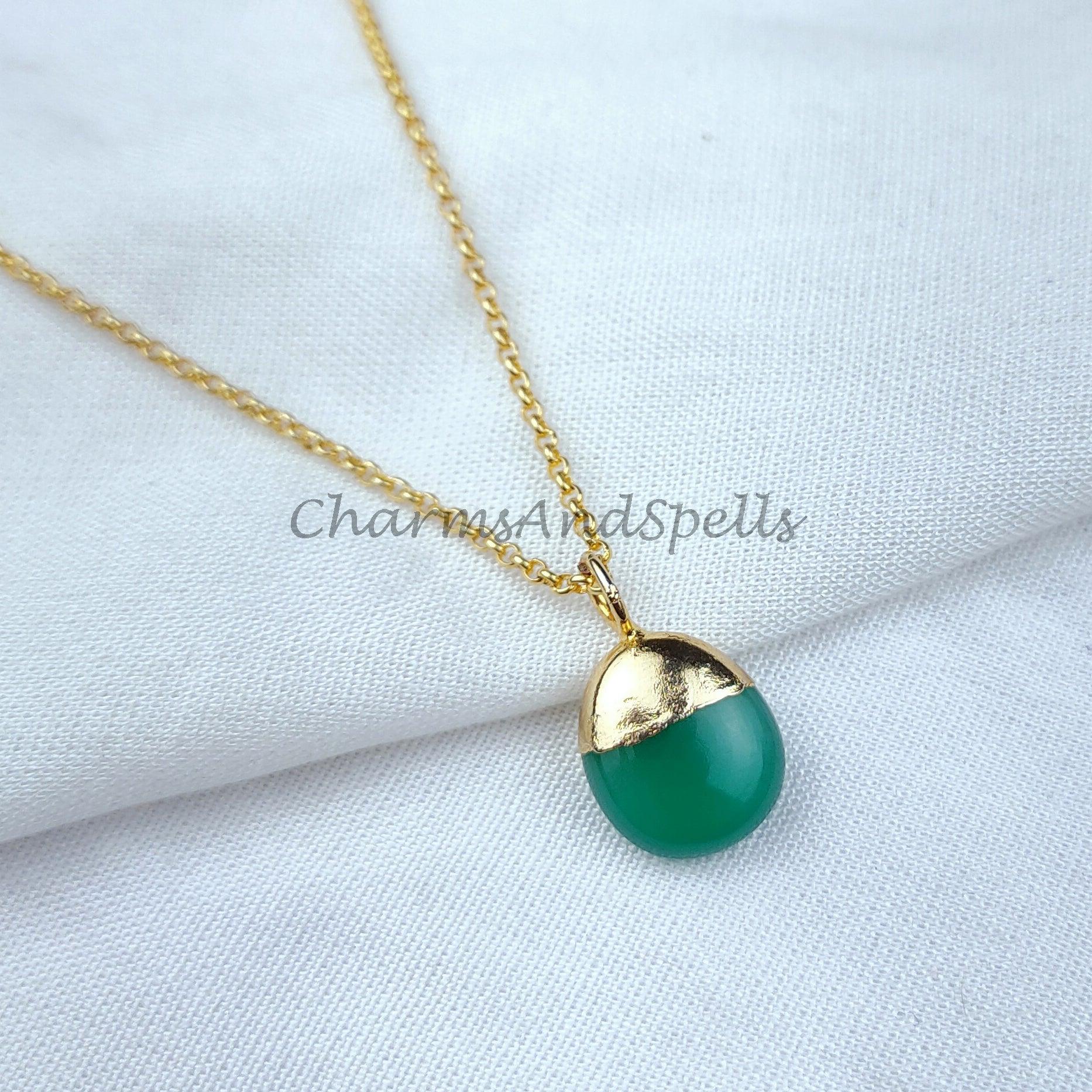 Green Onyx Necklace, Green onyx necklaces on 14k dainty gold plated chain, Natural green onyx, Elegant necklaces, Jewelry gift for her - Charms And Spells