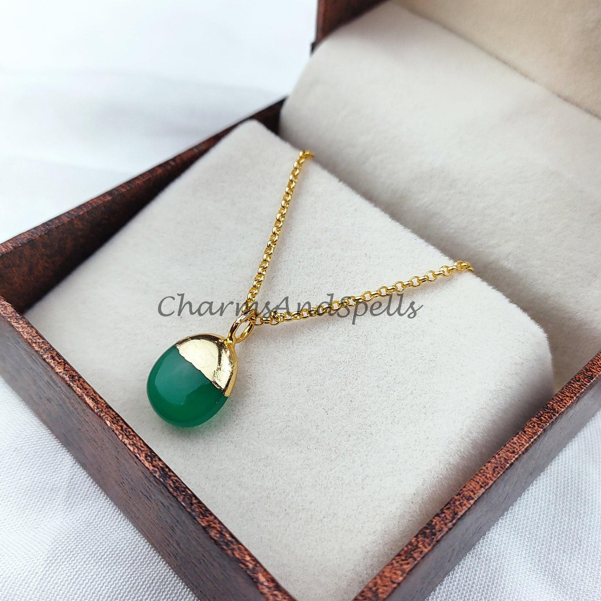 Green Onyx Necklace, Green onyx necklaces on 14k dainty gold plated chain, Natural green onyx, Elegant necklaces, Jewelry gift for her - Charms And Spells