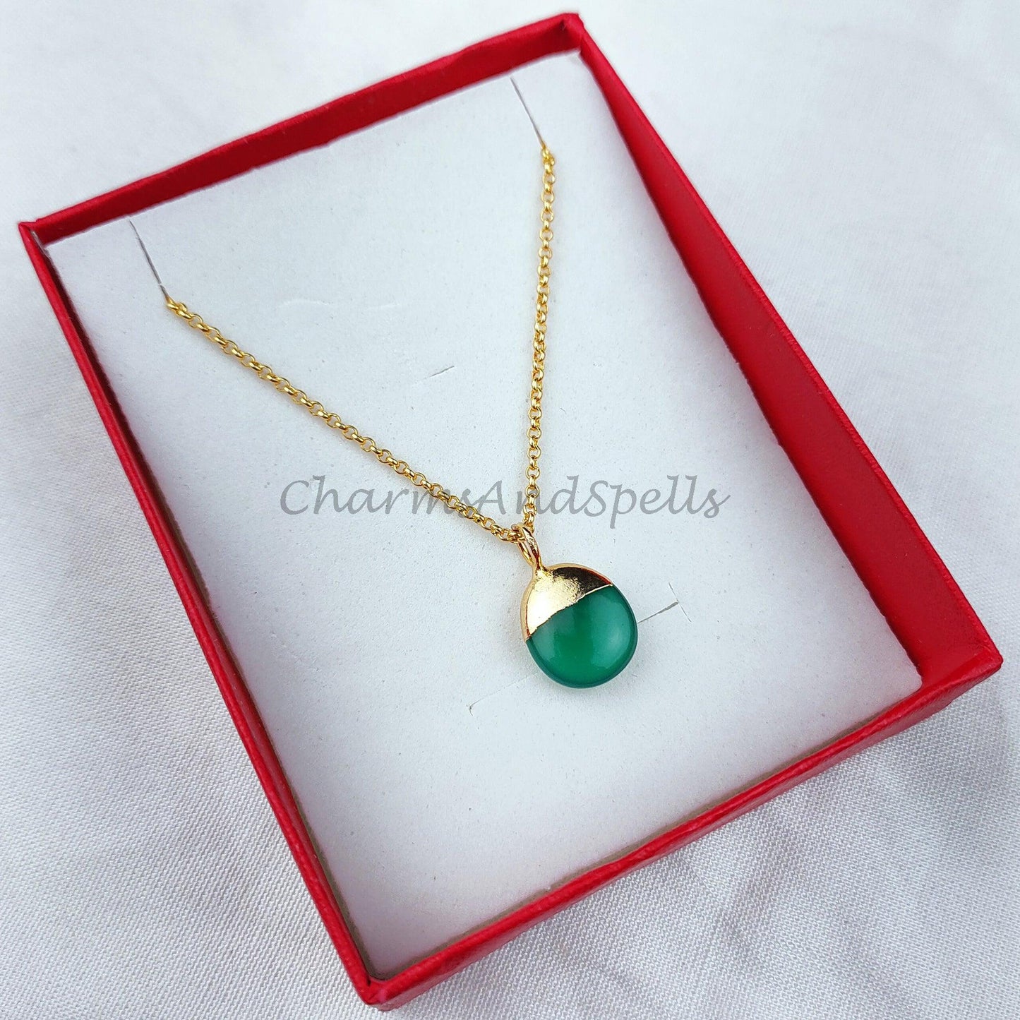 Green Onyx Necklace, Green onyx necklaces on 14k dainty gold plated chain, Natural green onyx, Elegant necklaces, Jewelry gift for her - Charms And Spells