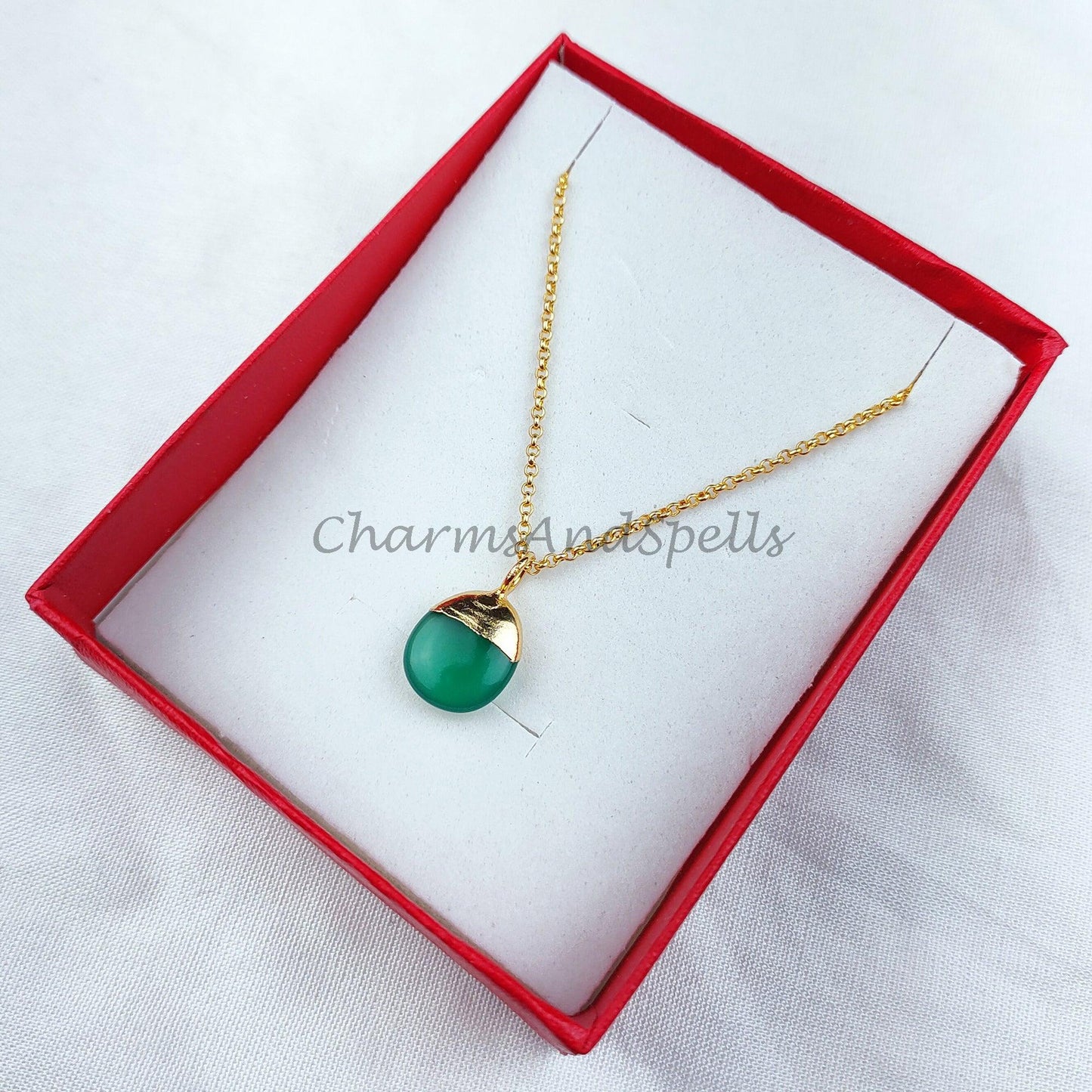 Green Onyx Necklace, Green onyx necklaces on 14k dainty gold plated chain, Natural green onyx, Elegant necklaces, Jewelry gift for her - Charms And Spells