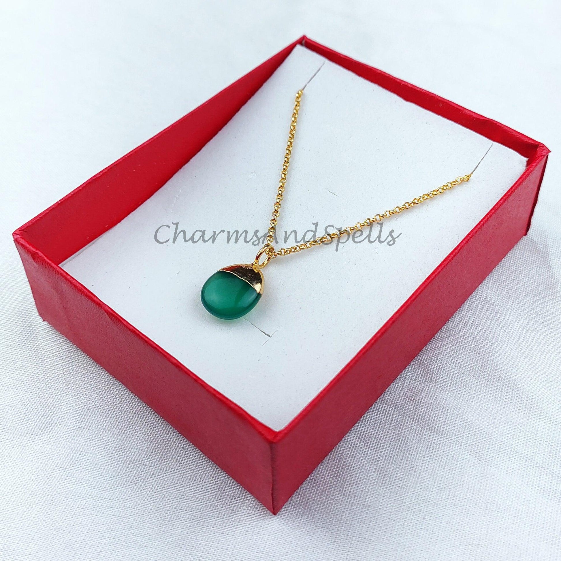 Green Onyx Necklace, Green onyx necklaces on 14k dainty gold plated chain, Natural green onyx, Elegant necklaces, Jewelry gift for her - Charms And Spells