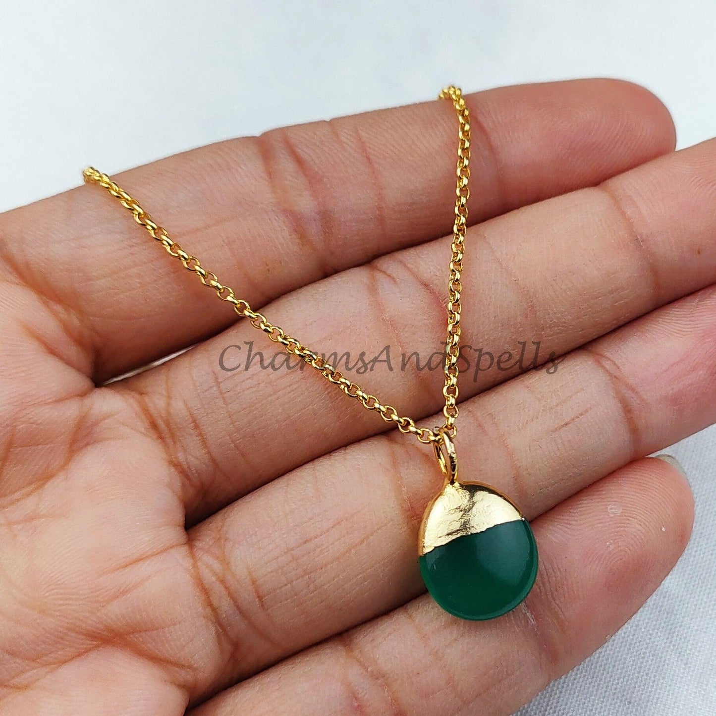 Green Onyx Necklace, Green onyx necklaces on 14k dainty gold plated chain, Natural green onyx, Elegant necklaces, Jewelry gift for her - Charms And Spells