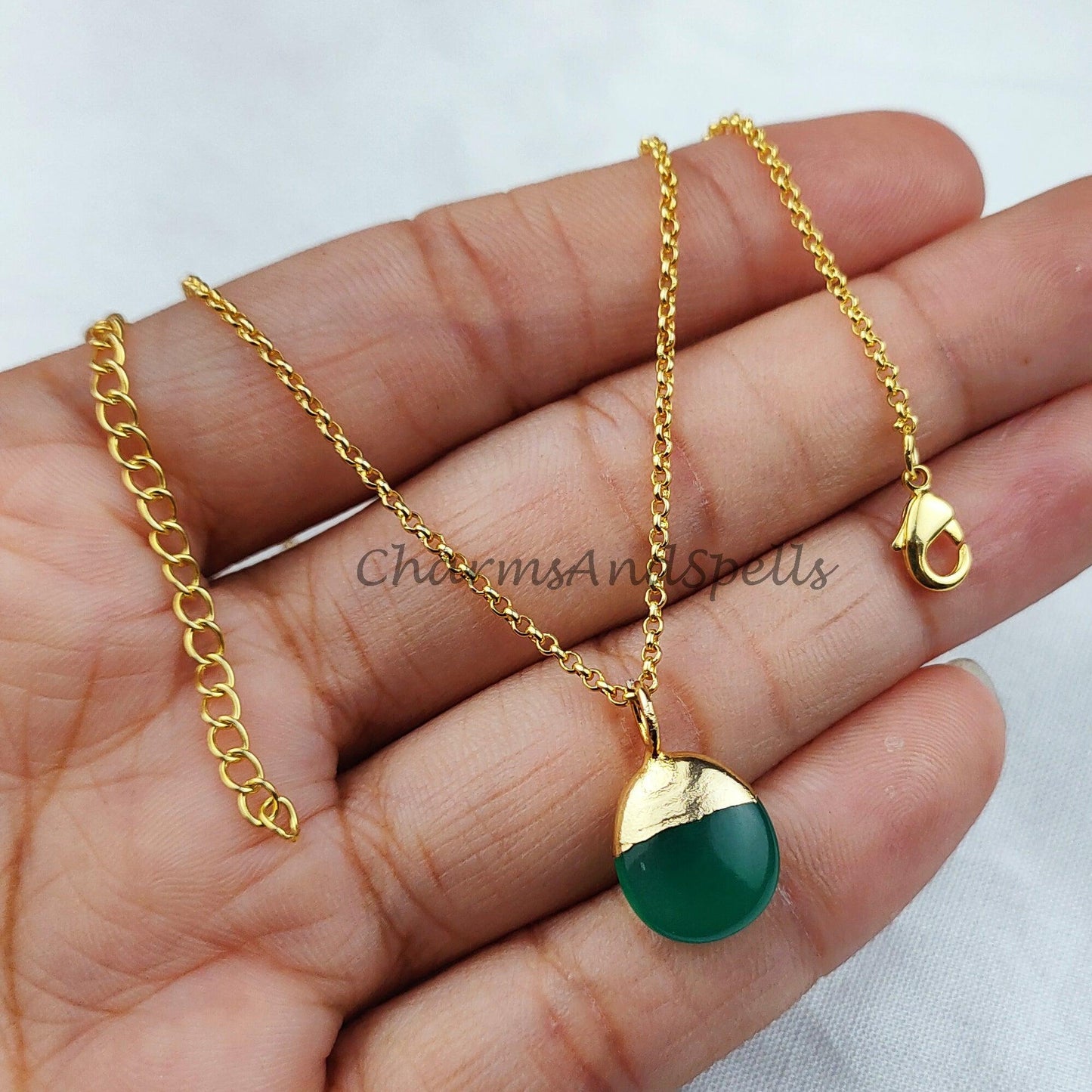 Green Onyx Necklace, Green onyx necklaces on 14k dainty gold plated chain, Natural green onyx, Elegant necklaces, Jewelry gift for her - Charms And Spells