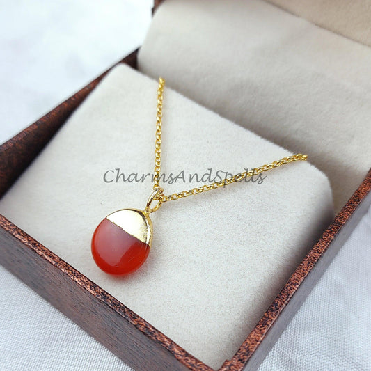 Beautiful Oval Red Onyx Pendant, Electroplated Gold Plated Necklace, Gemstone Jewelry, Birthday Gift, Handmade jewelry - Charms And Spells