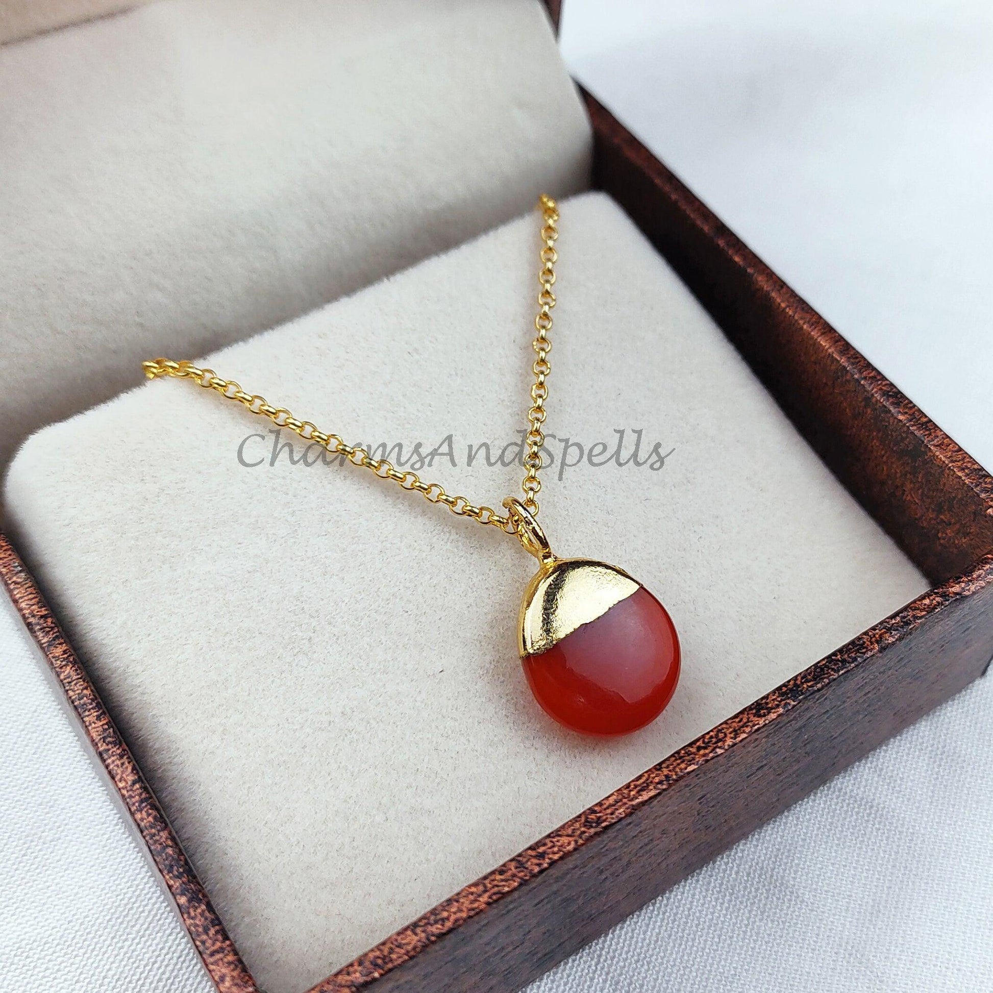 Beautiful Oval Red Onyx Pendant, Electroplated Gold Plated Necklace, Gemstone Jewelry, Birthday Gift, Handmade jewelry - Charms And Spells