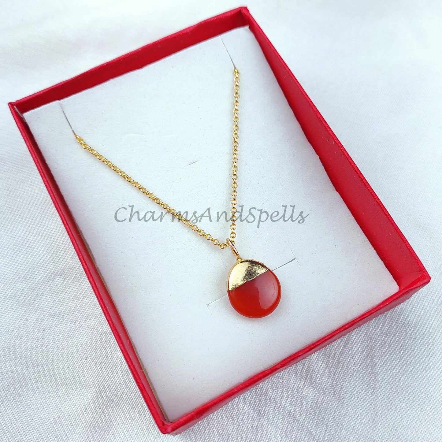 Beautiful Oval Red Onyx Pendant, Electroplated Gold Plated Necklace, Gemstone Jewelry, Birthday Gift, Handmade jewelry - Charms And Spells