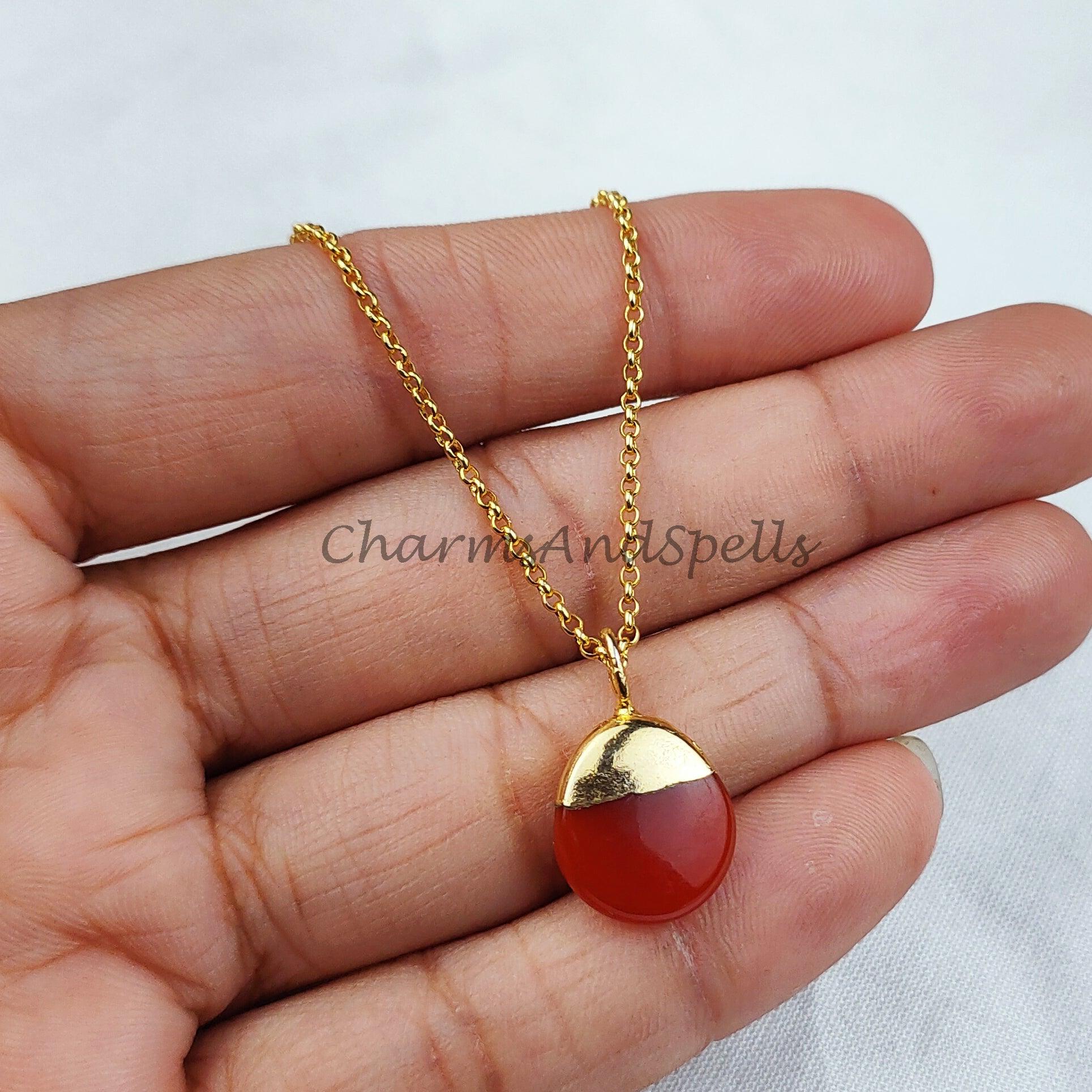 Beautiful Oval Red Onyx Pendant, Electroplated Gold Plated Necklace, Gemstone Jewelry, Birthday Gift, Handmade jewelry - Charms And Spells