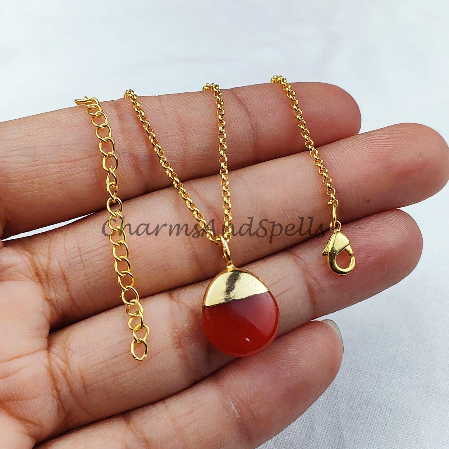 Beautiful Oval Red Onyx Pendant, Electroplated Gold Plated Necklace, Gemstone Jewelry, Birthday Gift, Handmade jewelry - Charms And Spells