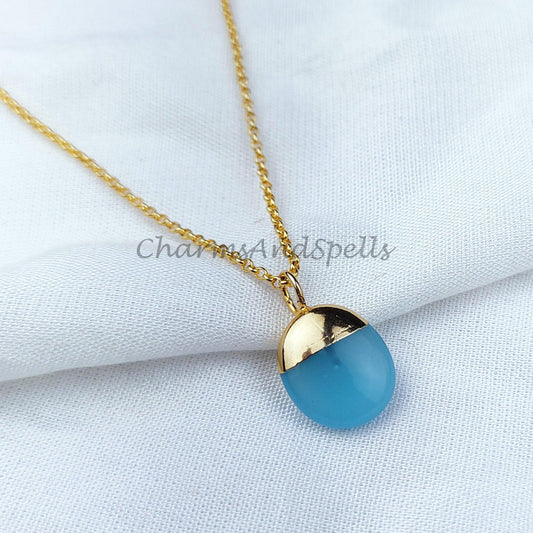 aqua chalcedony stone necklace, electroplated gold pendant, delicate small dainty aqua chalcedony charm necklace - Charms And Spells