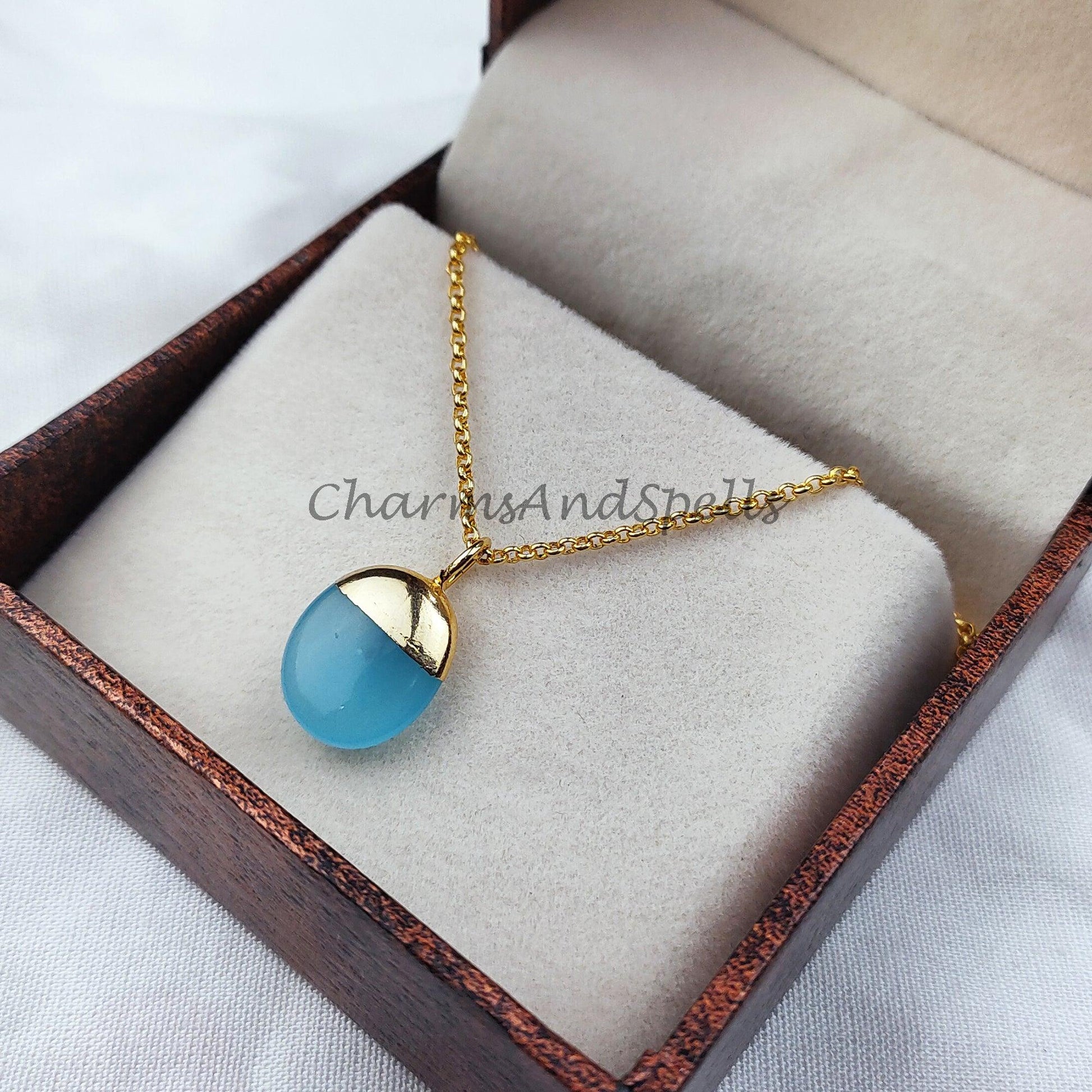 aqua chalcedony stone necklace, electroplated gold pendant, delicate small dainty aqua chalcedony charm necklace - Charms And Spells