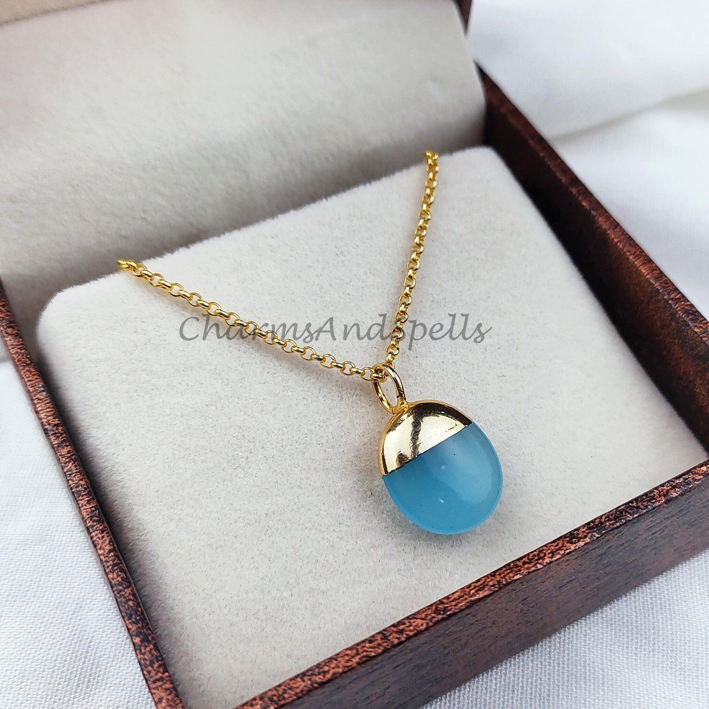 aqua chalcedony stone necklace, electroplated gold pendant, delicate small dainty aqua chalcedony charm necklace - Charms And Spells