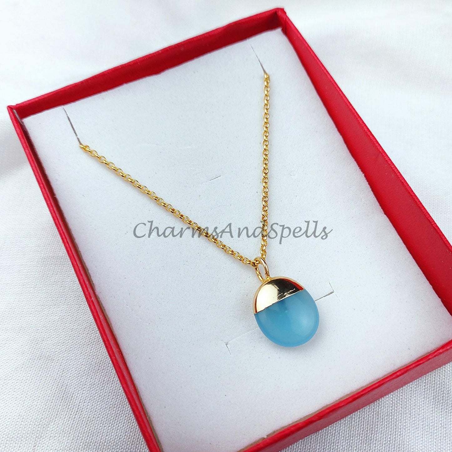 aqua chalcedony stone necklace, electroplated gold pendant, delicate small dainty aqua chalcedony charm necklace - Charms And Spells