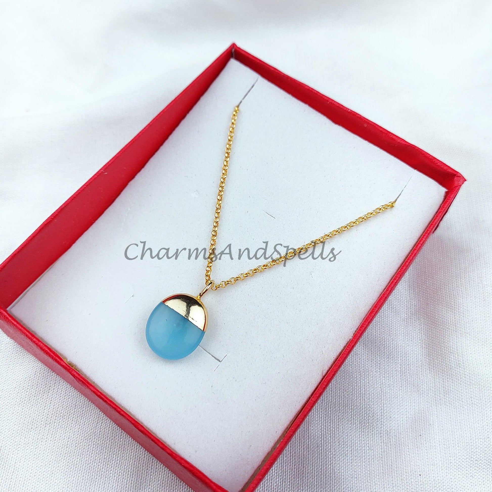 aqua chalcedony stone necklace, electroplated gold pendant, delicate small dainty aqua chalcedony charm necklace - Charms And Spells