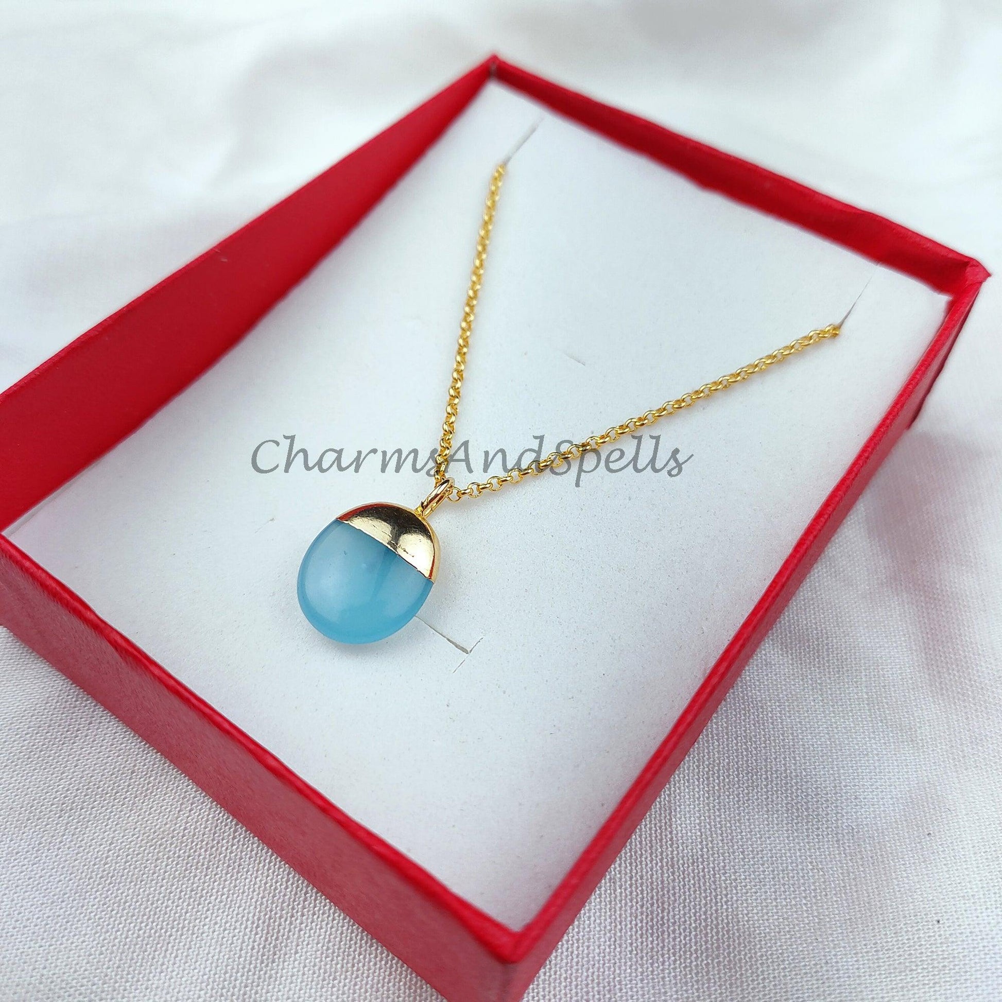 aqua chalcedony stone necklace, electroplated gold pendant, delicate small dainty aqua chalcedony charm necklace - Charms And Spells