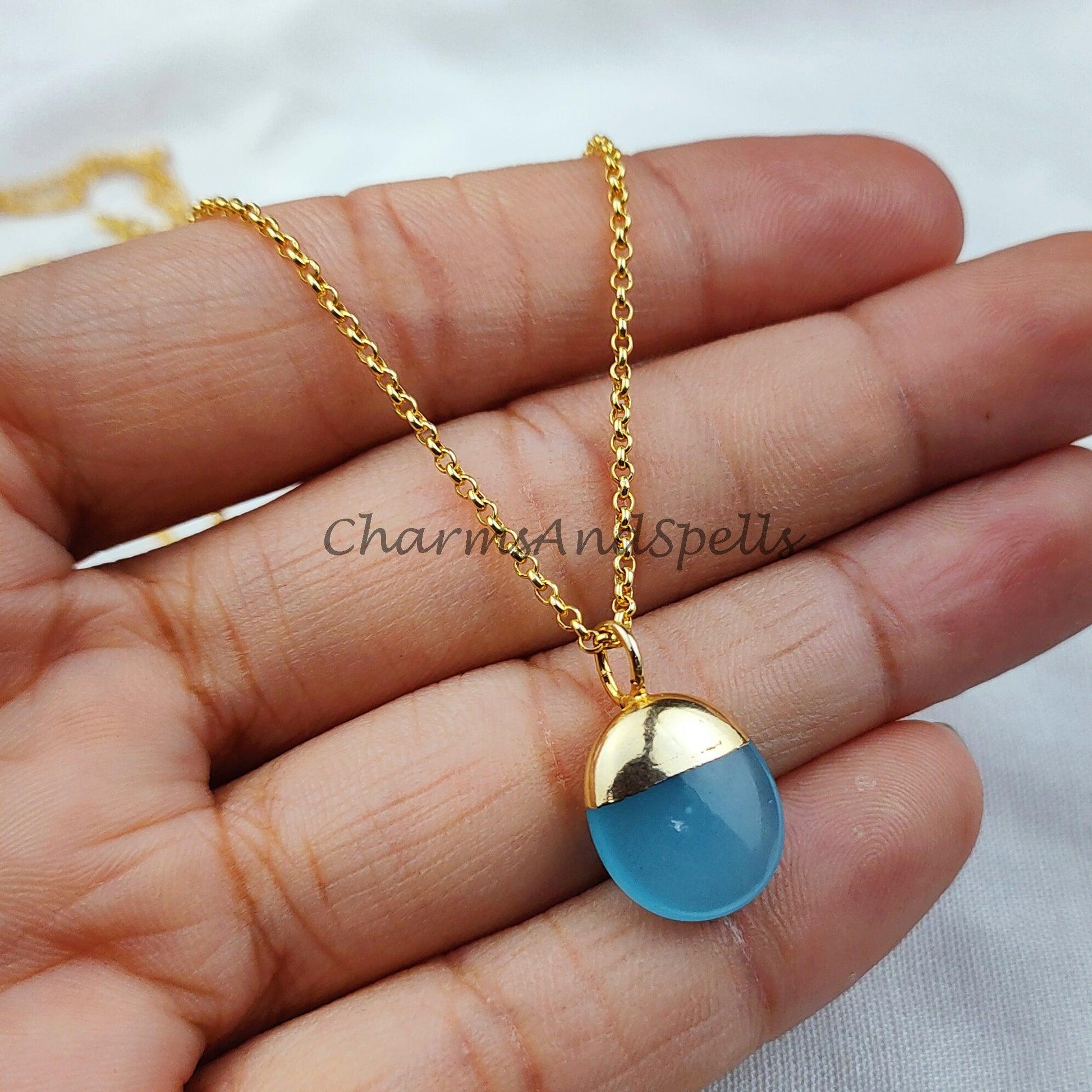 aqua chalcedony stone necklace, electroplated gold pendant, delicate small dainty aqua chalcedony charm necklace - Charms And Spells