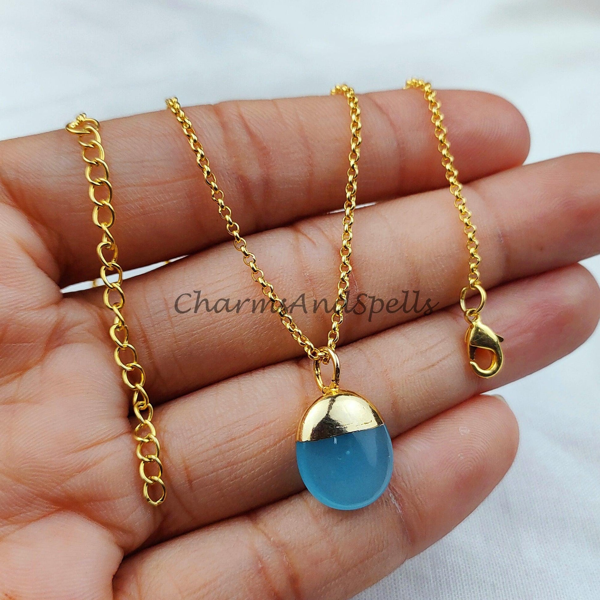 aqua chalcedony stone necklace, electroplated gold pendant, delicate small dainty aqua chalcedony charm necklace - Charms And Spells