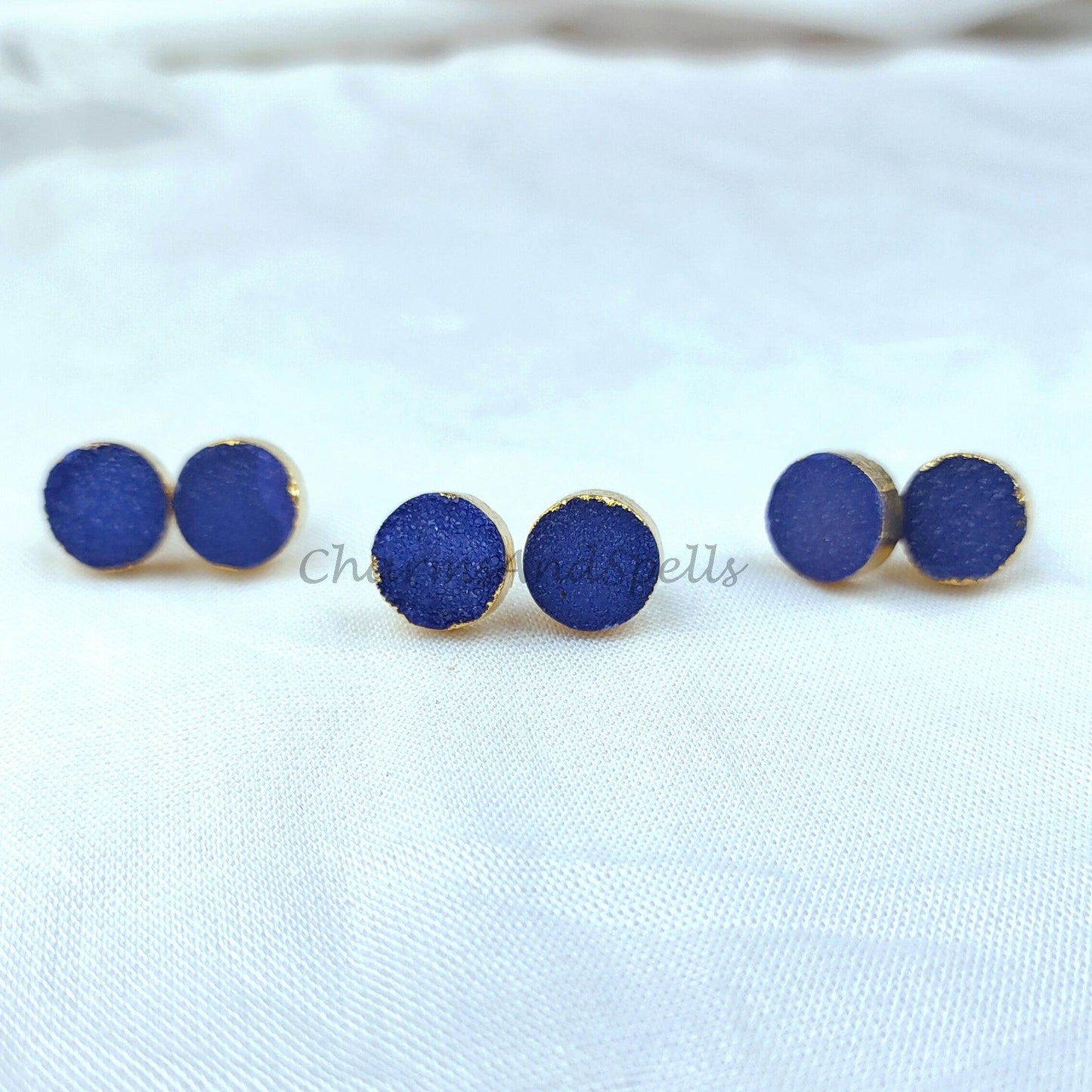 Dark Blue Druzy Electroplated Stud Earrings, Women Stud, Handmade Stud Earrings - Charms And Spells