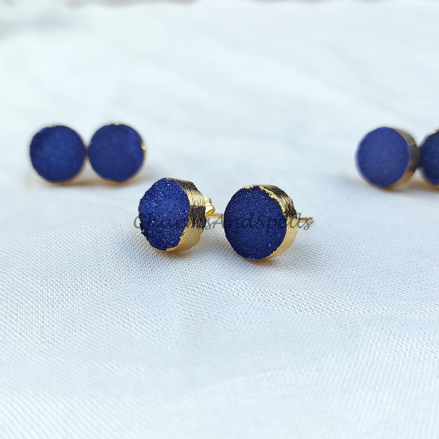 Dark Blue Druzy Electroplated Stud Earrings, Women Stud, Handmade Stud Earrings - Charms And Spells