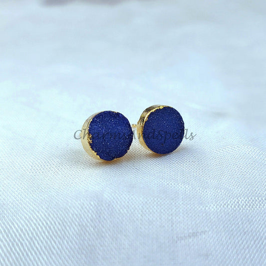 Dark Blue Druzy Electroplated Stud Earrings, Women Stud, Handmade Stud Earrings - Charms And Spells