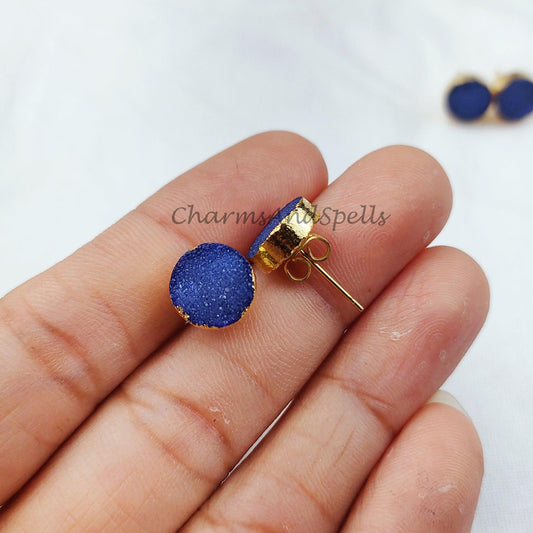 Dark Blue Druzy Electroplated Stud Earrings, Women Stud, Handmade Stud Earrings - Charms And Spells