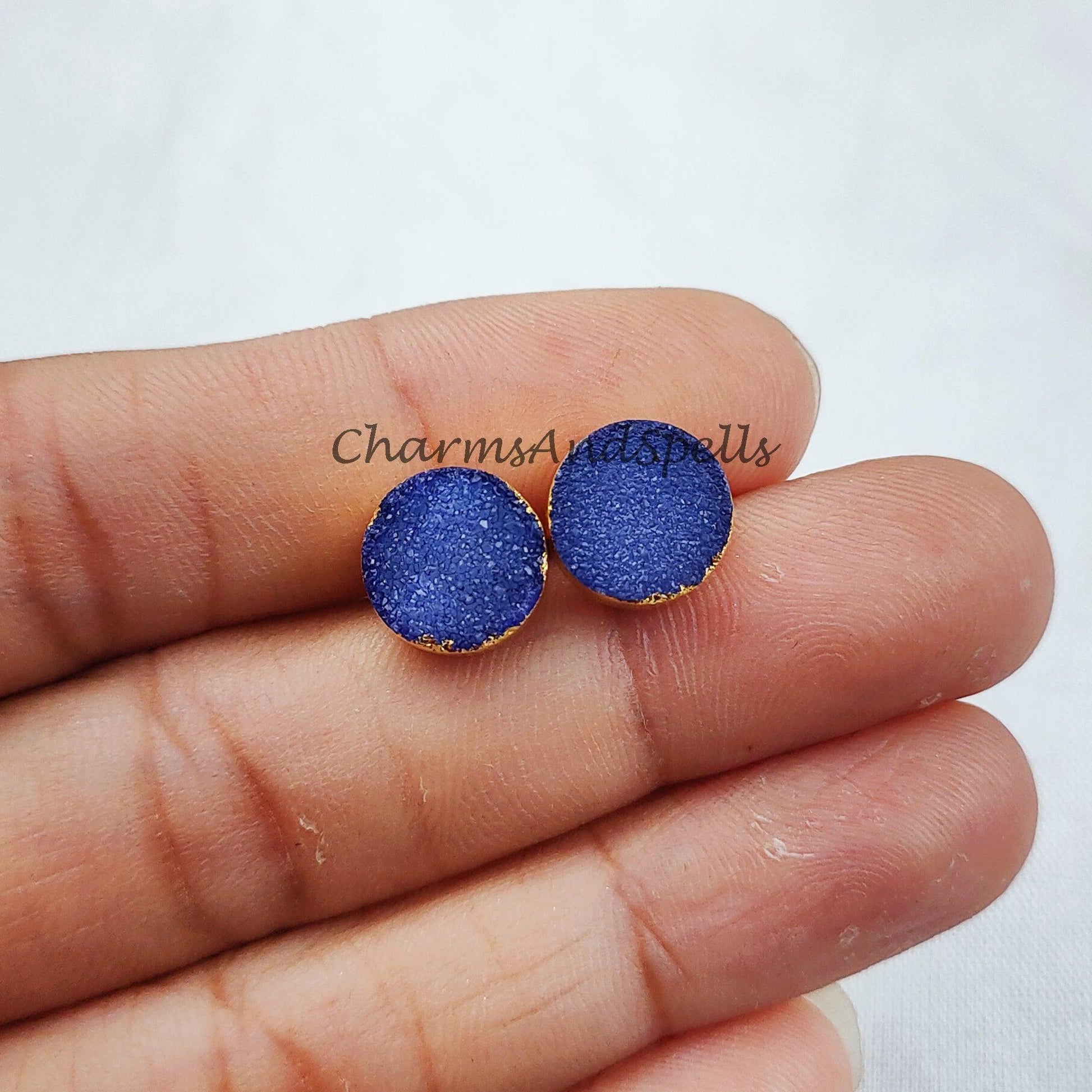 Dark Blue Druzy Electroplated Stud Earrings, Women Stud, Handmade Stud Earrings - Charms And Spells