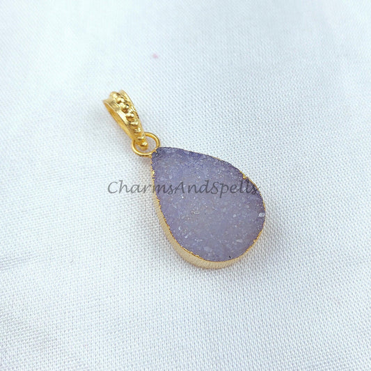 lue druzy teardrop Pendant, Gold Electroplated Pendant, Gemstone Pendant, Handmade Pendant, Women Pendant, Dainty Pendant - Charms And Spells