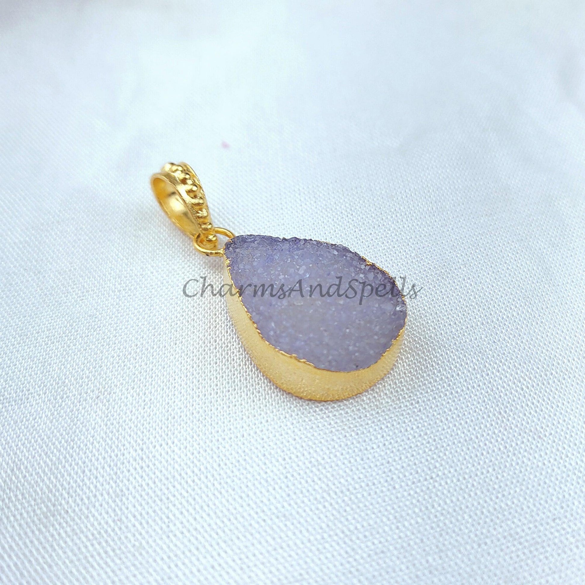 lue druzy teardrop Pendant, Gold Electroplated Pendant, Gemstone Pendant, Handmade Pendant, Women Pendant, Dainty Pendant - Charms And Spells