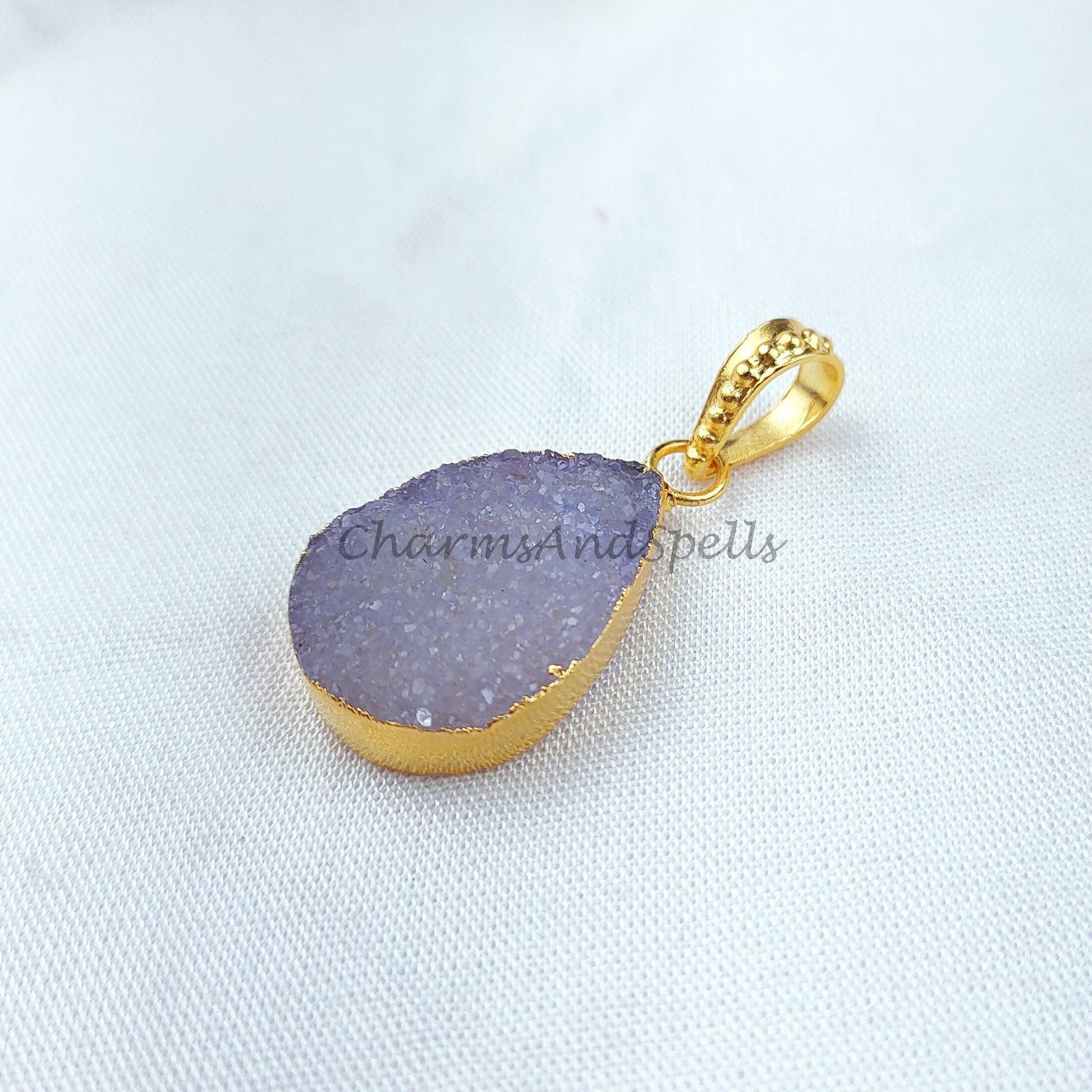 lue druzy teardrop Pendant, Gold Electroplated Pendant, Gemstone Pendant, Handmade Pendant, Women Pendant, Dainty Pendant - Charms And Spells