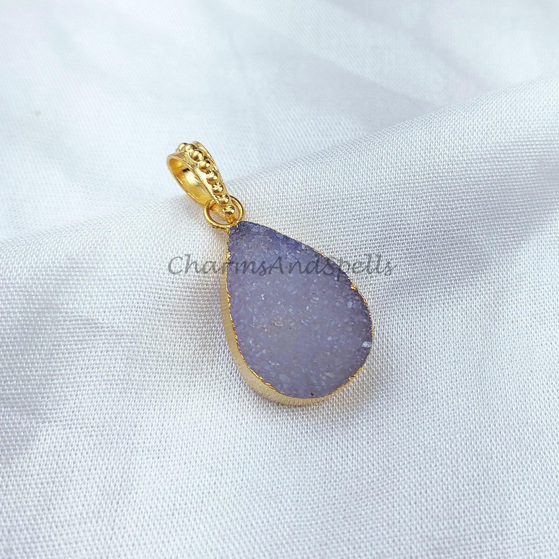 lue druzy teardrop Pendant, Gold Electroplated Pendant, Gemstone Pendant, Handmade Pendant, Women Pendant, Dainty Pendant - Charms And Spells