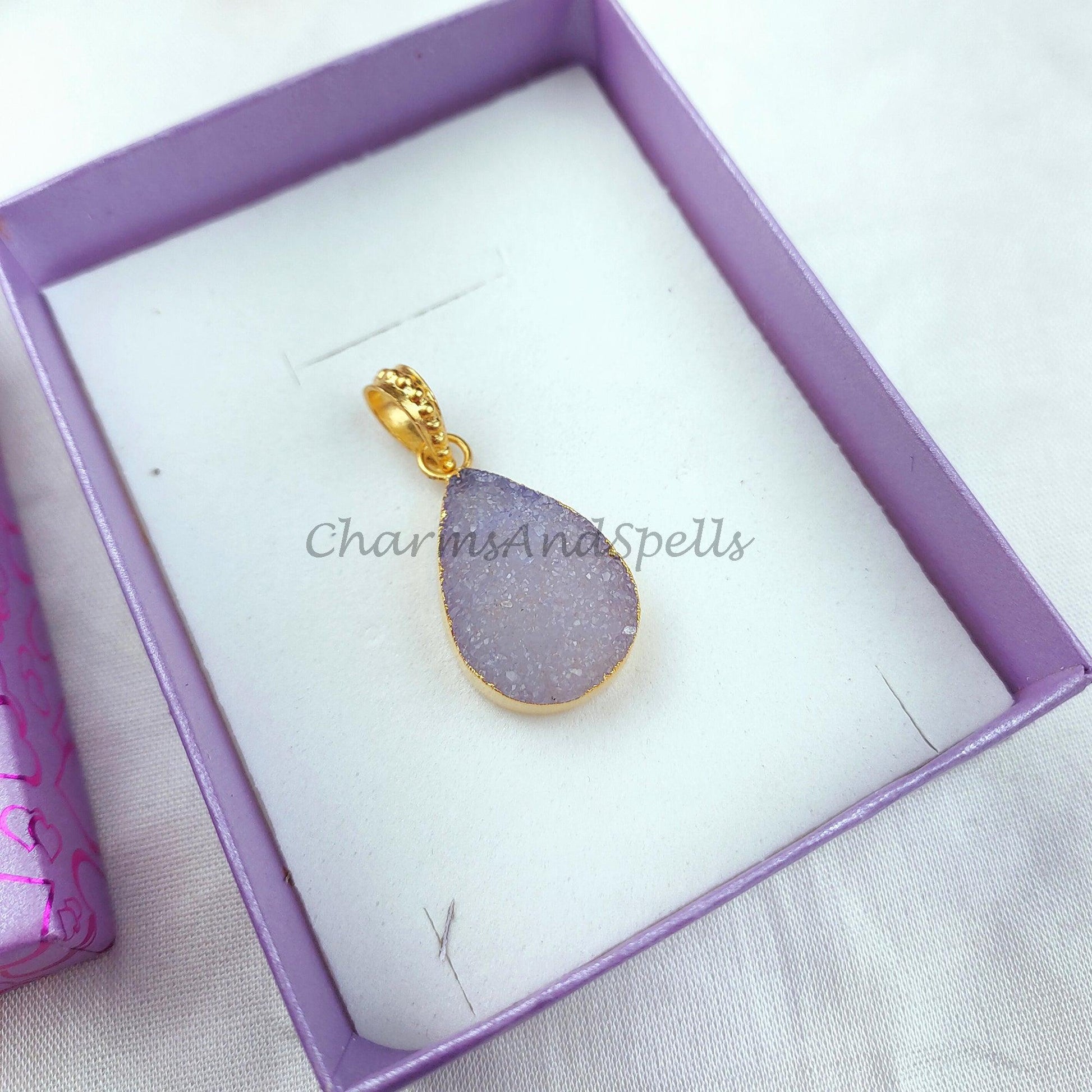 lue druzy teardrop Pendant, Gold Electroplated Pendant, Gemstone Pendant, Handmade Pendant, Women Pendant, Dainty Pendant - Charms And Spells