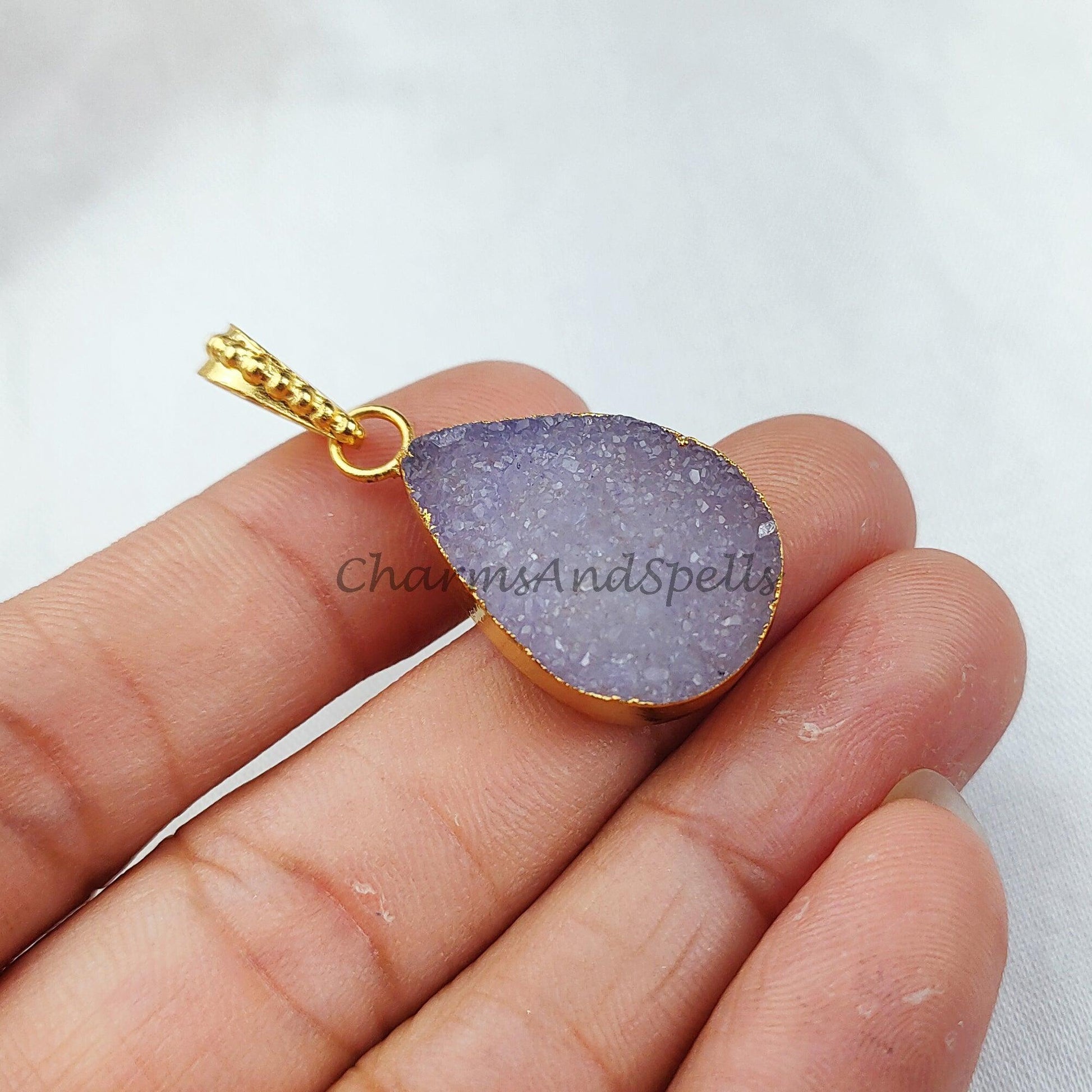 lue druzy teardrop Pendant, Gold Electroplated Pendant, Gemstone Pendant, Handmade Pendant, Women Pendant, Dainty Pendant - Charms And Spells