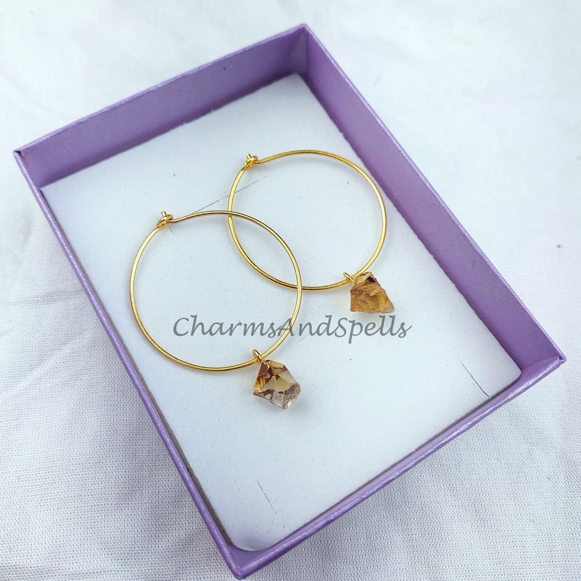 Raw Citrine Earrings, Gold Electroplated Statement Earring, Crystal Loop Earrings, Citrine Dangle Earrings, Gift For Her - Charms And Spells